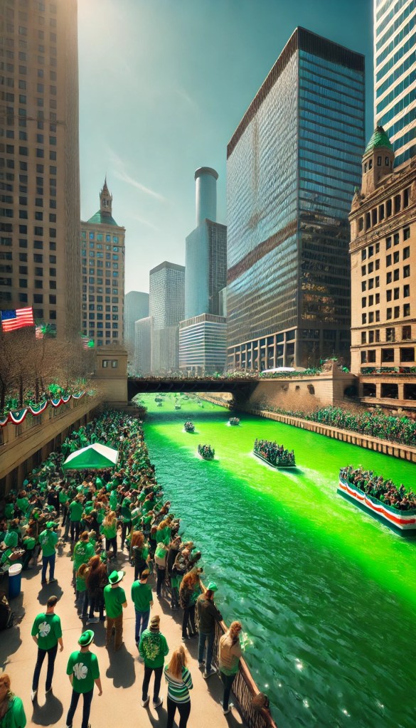 The green-dyed Chicago River with crowds of people gathered along the banks.