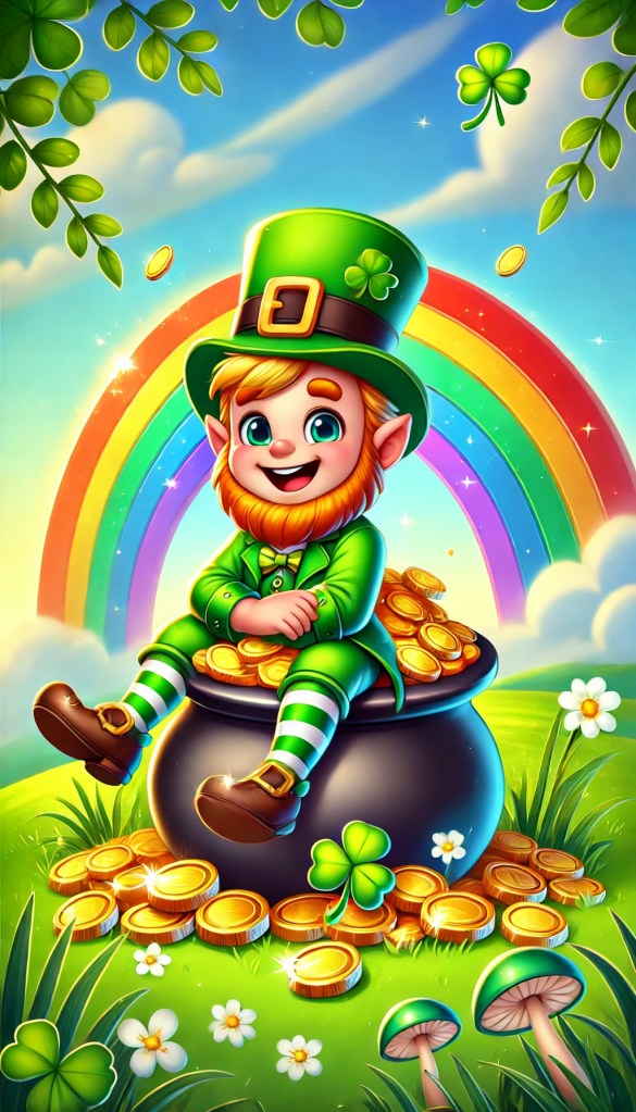 A cheerful, cartoon-style leprechaun sitting on a pot of gold at the end of a rainbow.