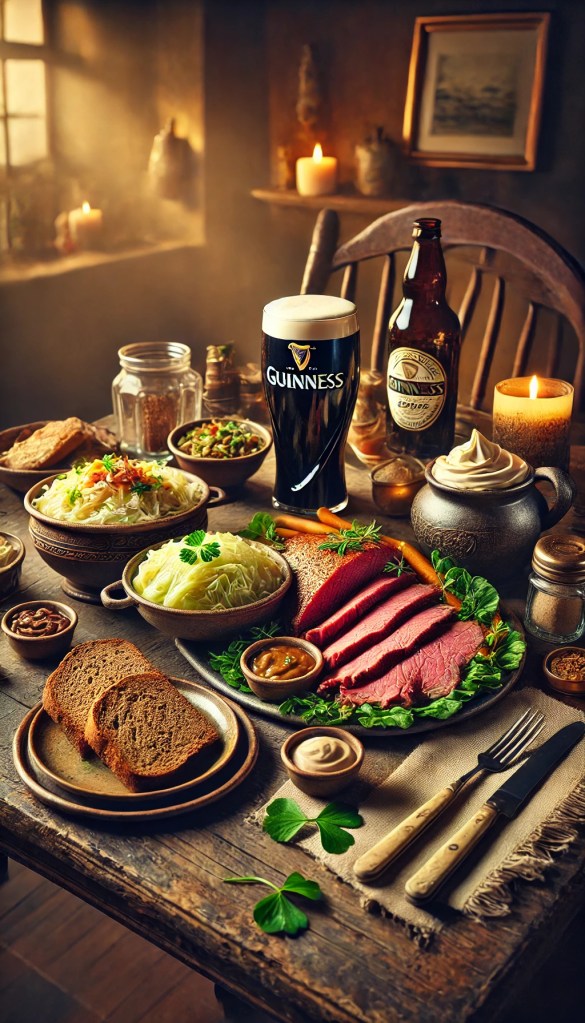 A table filled with Irish dishes, including corned beef, cabbage, and soda bread, with a pint of Guinness nearby.