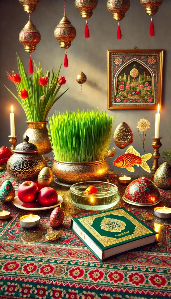 A beautifully arranged Haft-Seen table with symbolic items such as wheatgrass, apples, and goldfish