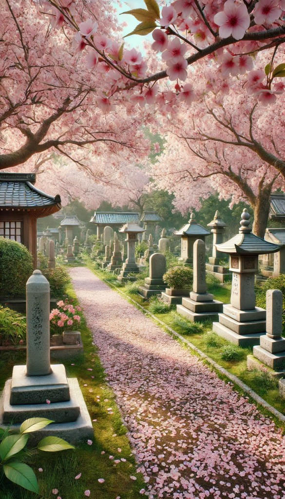 A peaceful Japanese cemetery with cherry blossoms in bloom, symbolizing renewal and remembrance.