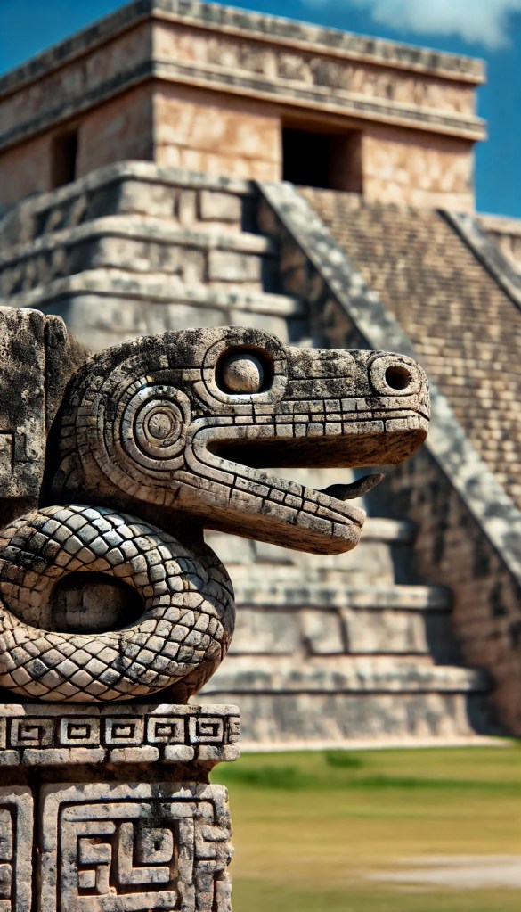 The pyramid of Chichen Itza with the shadowy serpent effect visible during the equinox.
