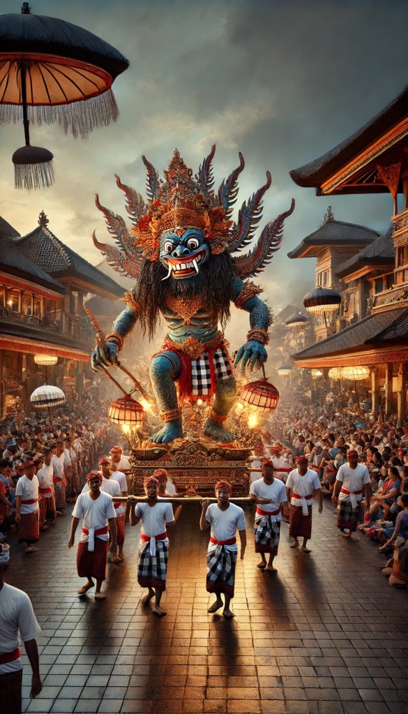 A striking Ogoh-Ogoh figure being carried through the streets during the parade.