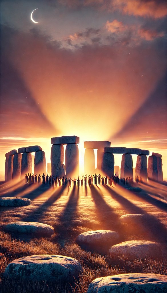 A mystical sunrise at Stonehenge with silhouetted figures gathered in celebration.