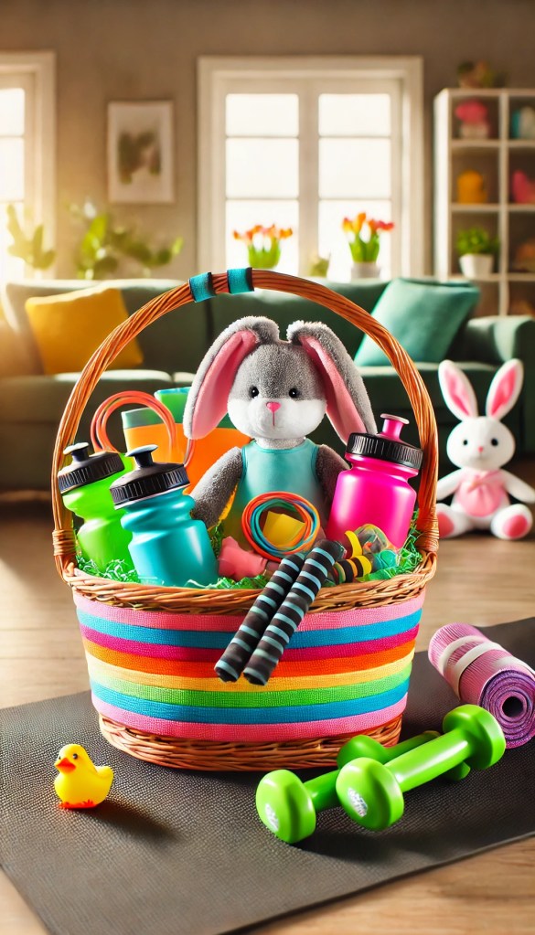 A sporty basket with fitness gear in bright colors, set on a yoga mat with an Easter bunny plush in the background.