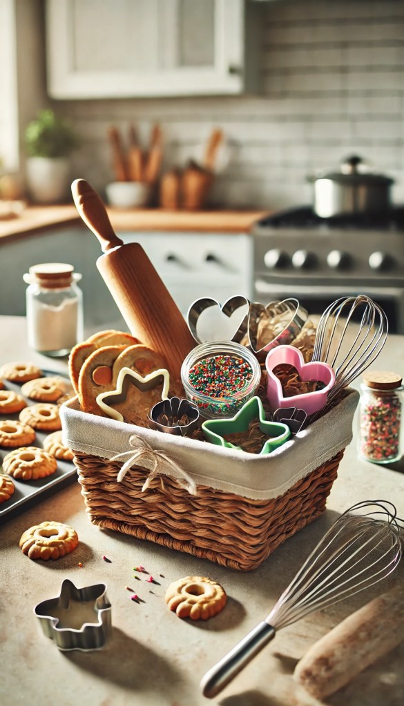 A basket with cookie cutters, sprinkles, and a whisk, styled on a kitchen counter with freshly baked cookies in the background