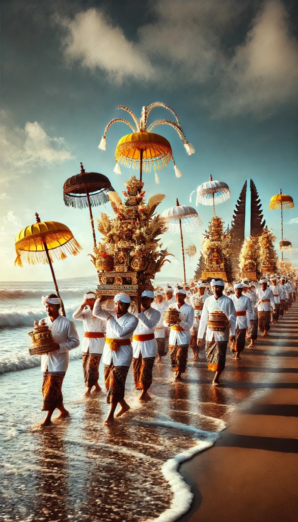A vibrant scene of Balinese villagers dressed in white, carrying ornate temple artifacts toward the ocean during Melasti.