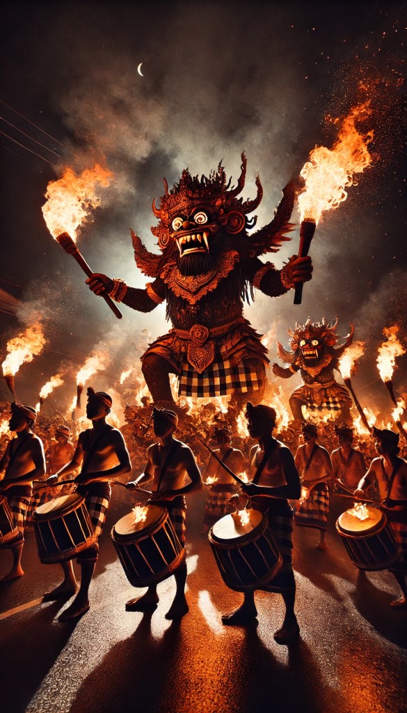 A fiery scene of Ogoh-Ogoh statues being paraded through Bali’s streets at night, illuminated by torchlight and surrounded by drummers and spectators.