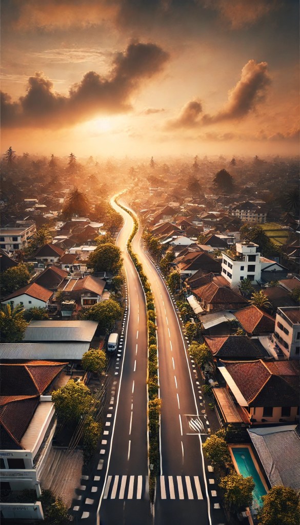 An aerial view of Bali’s usually busy streets, completely deserted during Nyepi, with a tranquil sunrise in the background.