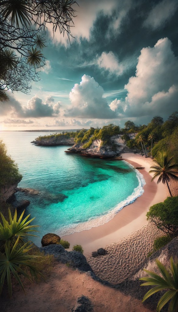 A peaceful photo of Bali’s coastline with crystal-clear waters, taken during Nyepi when human activity pauses.