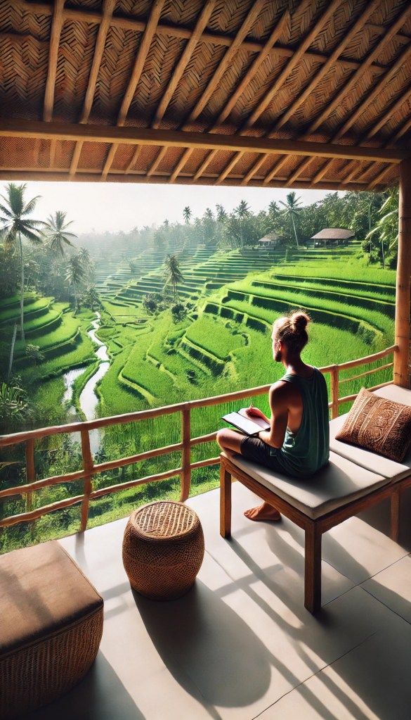 A tourist sitting on a balcony overlooking a Balinese rice field, journaling or meditating quietly during Nyepi