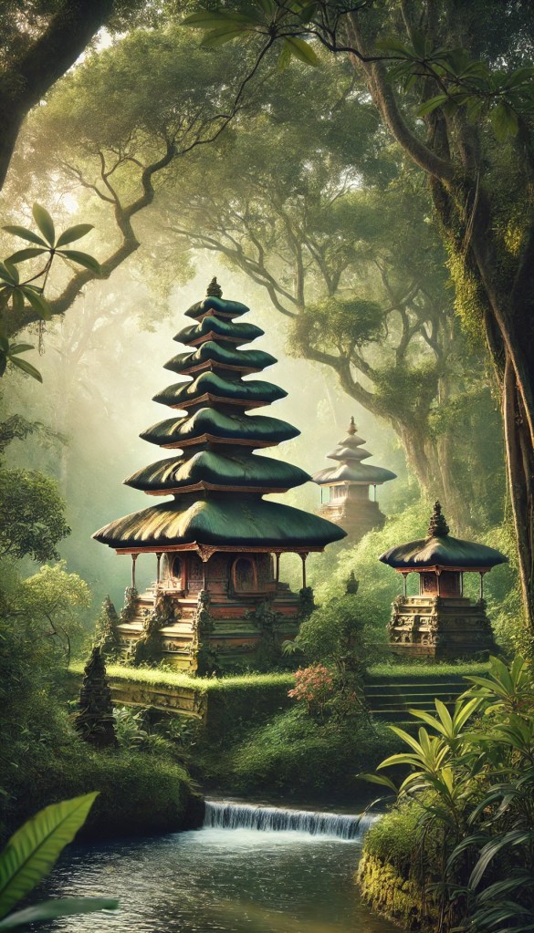 A serene photo of a traditional Balinese temple nestled among trees, reflecting the tranquility of Nyepi.