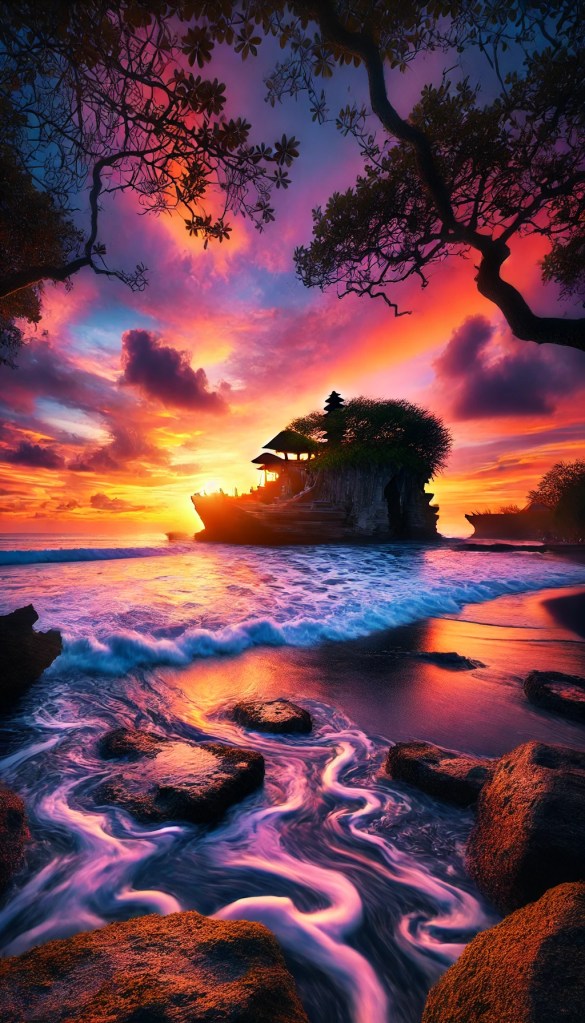 A closing photo of Bali’s famous Tanah Lot temple silhouetted against a vibrant sunset, symbolizing the end of the day’s silence and the promise of renewal.